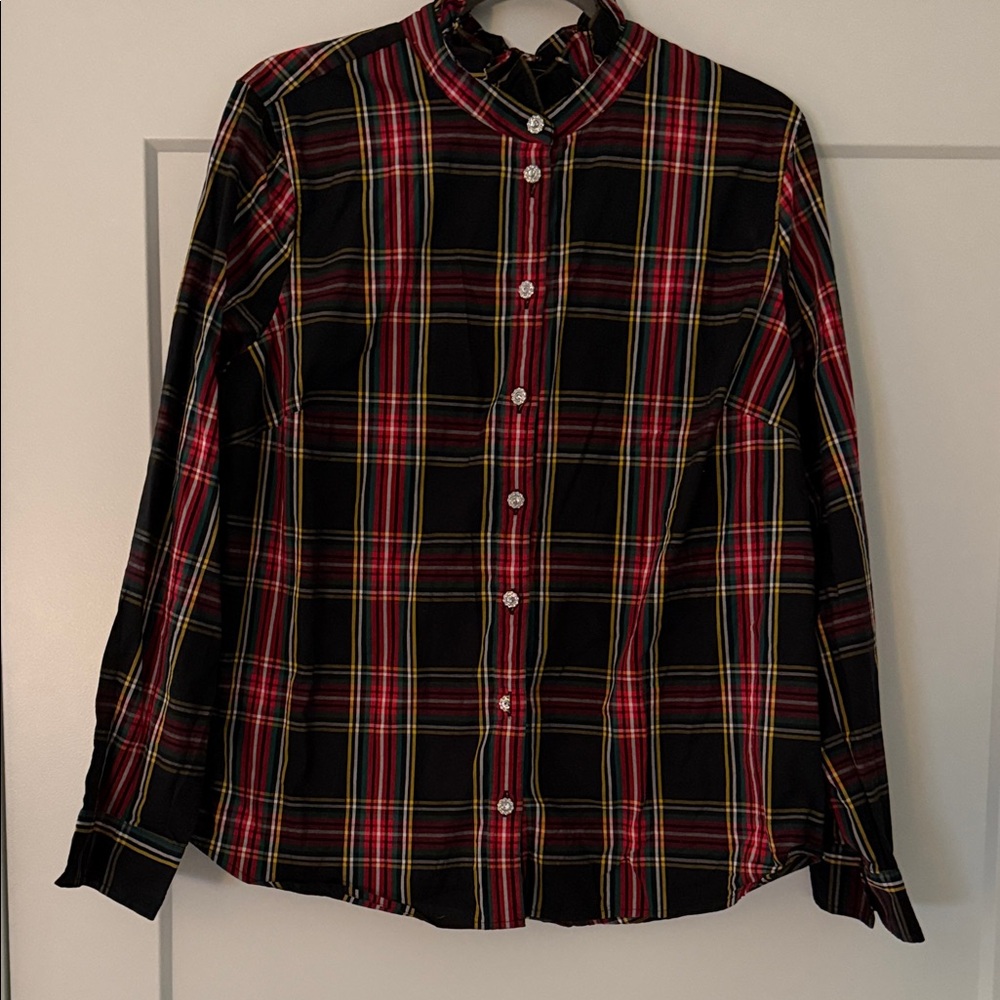 Women’s J.Crew Black and Red Plaid Shirt with jeweled buttons.